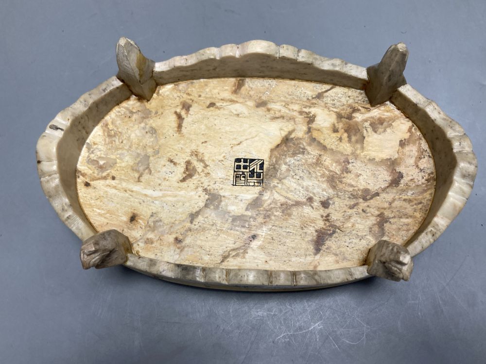 An oval alabaster and mother of pearl dish, width 22cm